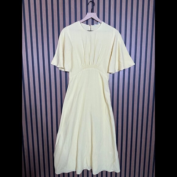 Zara Dress XS Womens Yellow Maxi Canvas Flutter Sleeve Linen Blend Fabric - Picture 1 of 7